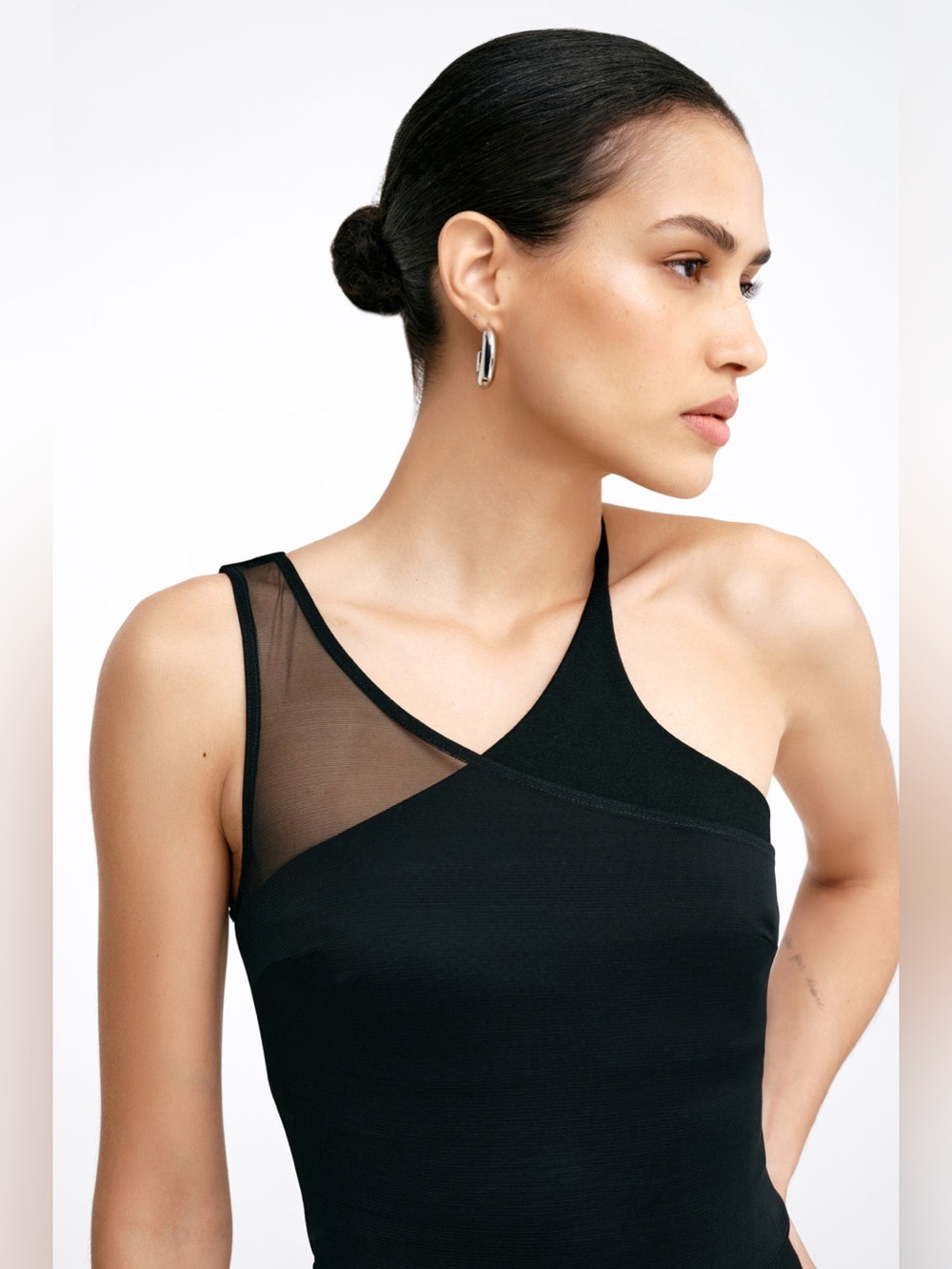 Marcella Vivica Black One-Shoulder Mesh Insert Midi Dress - Picture 5 of 9
